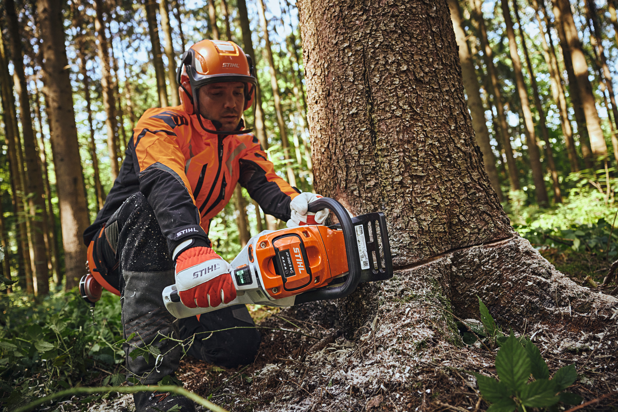 Un hombre con equipamiento de protección STIHL corta un tronco